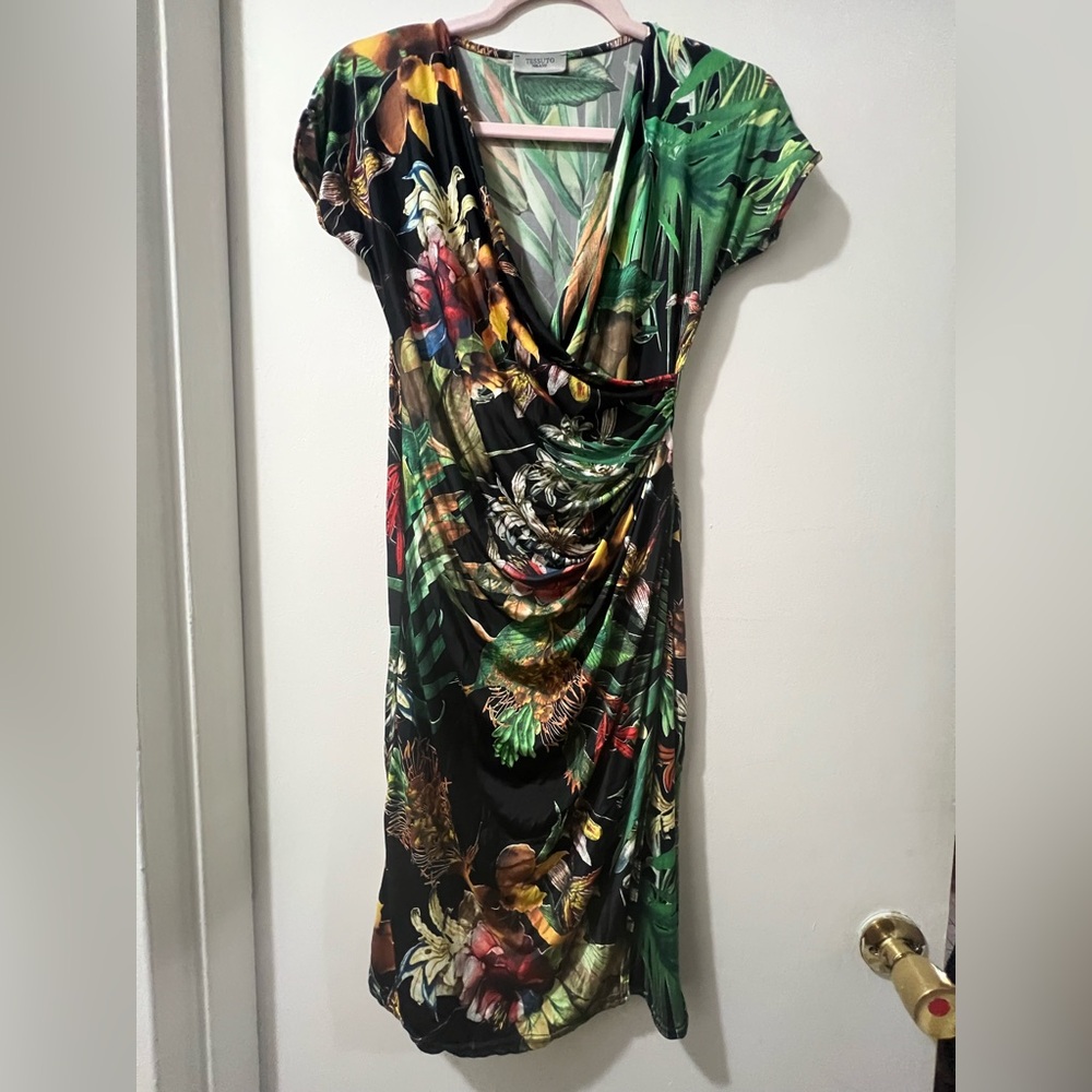 Tessuto Black Green Flutter Sleeve Wrap Dress
